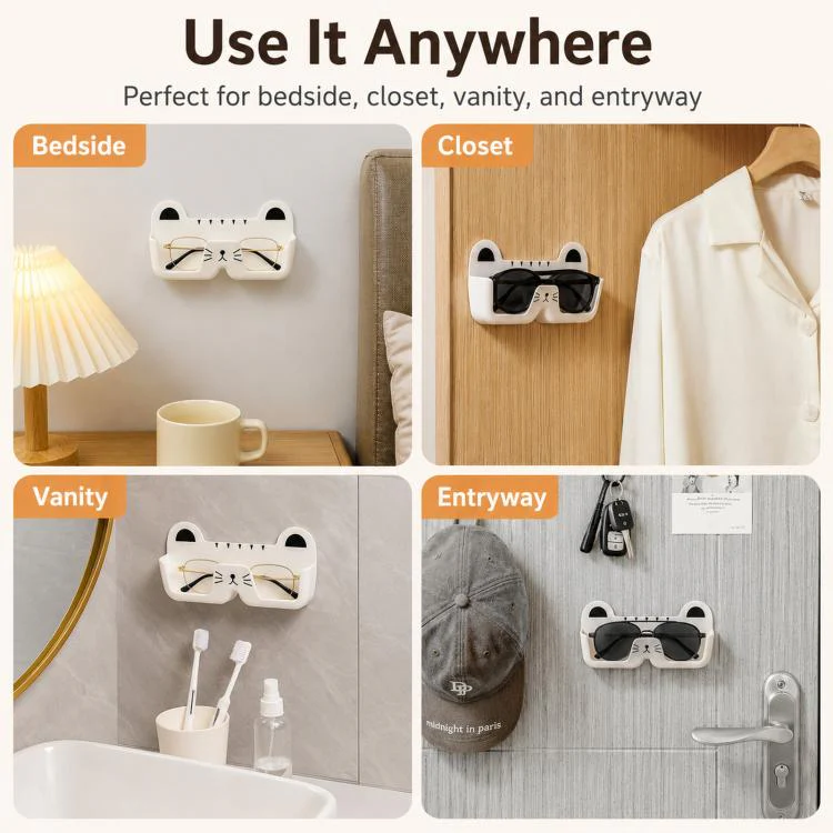 Cute Cat Wall Mounted Glasses Holder Punch-Free Adhesive Eyeglass Organizer Stand Space-Saving Sunglasses Storage Box for Bedside, Closet, Vanity, Car(White) - Image 5