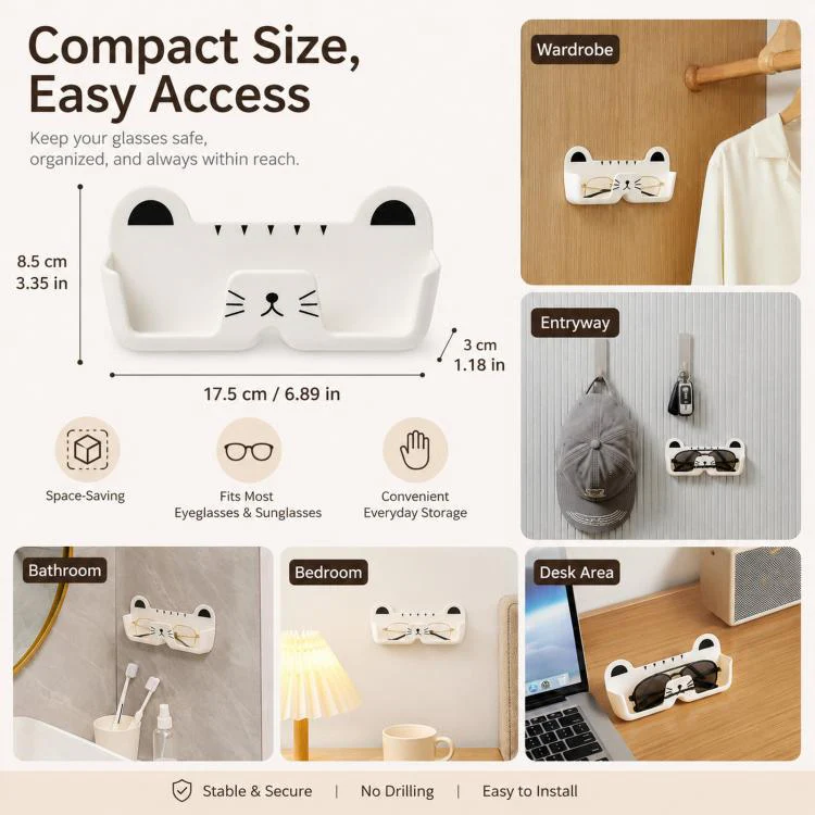 Cute Cat Wall Mounted Glasses Holder Punch-Free Adhesive Eyeglass Organizer Stand Space-Saving Sunglasses Storage Box for Bedside, Closet, Vanity, Car(White) - Image 6