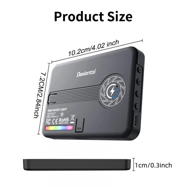 Desiontal iReal-X3 Slim RGB Fill Light 2500K-9000K Pocket LED Video Light (Black) - Image 3