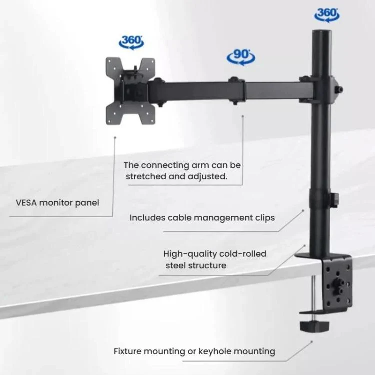 Desk Clamp Monitor Stand with Telescopic Arm, 40cm Height-Adjustable Pole Mount for Computer Screens(Black) - Image 6