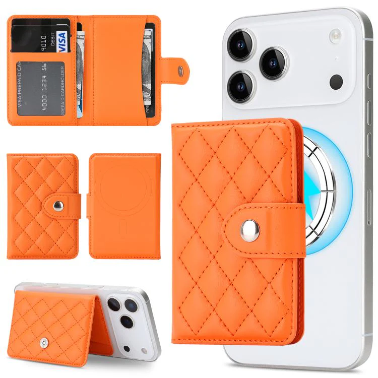 Diamond-Patterned Magnetic Vegan Leather Card Bag(Orange)