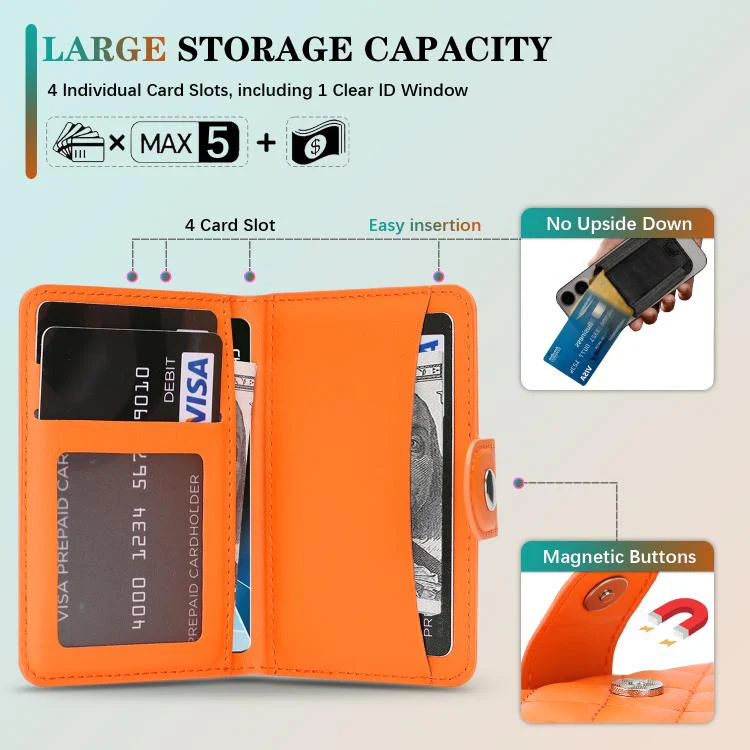 Diamond-Patterned Magnetic Vegan Leather Card Bag(Orange) - Image 5