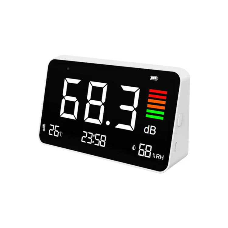 Digital 4-in-1 Noise Meter with Temperature & Humidity Sensor, Time Display Rechargeable Battery, Adjustable Backlight(DM219N)