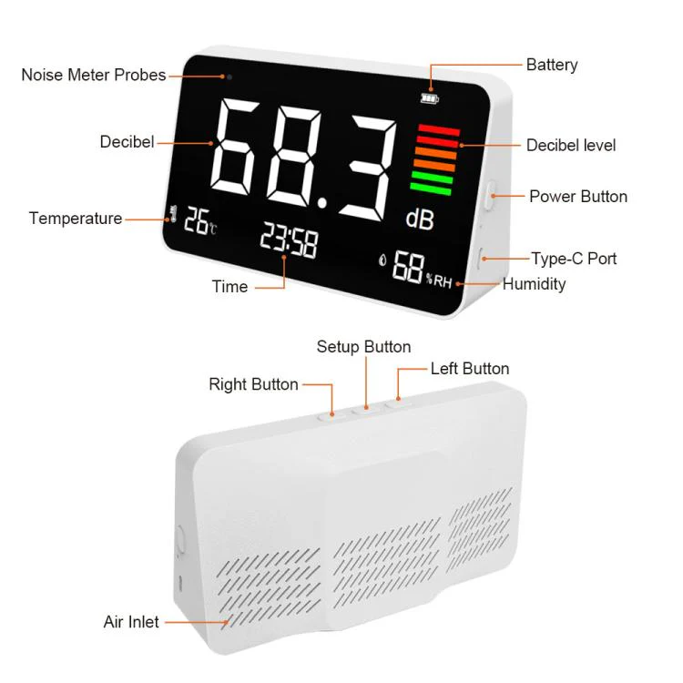 Digital 4-in-1 Noise Meter with Temperature & Humidity Sensor, Time Display Rechargeable Battery, Adjustable Backlight(DM219N) - Image 5