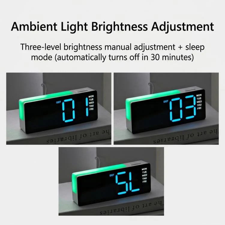 Digital Alarm Clock with RGB L-Shaped Night Light, Dual Alarms, Day/Date/Temperature Display, 3 Brightness Levels(5525 Black Shell Green Light) - Image 5