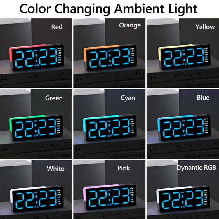 Digital Alarm Clock with RGB L-Shaped Night Light, Dual Alarms, Day/Date/Temperature Display, 3 Brightness Levels(5525 Black Shell Pink Light) - Image 3