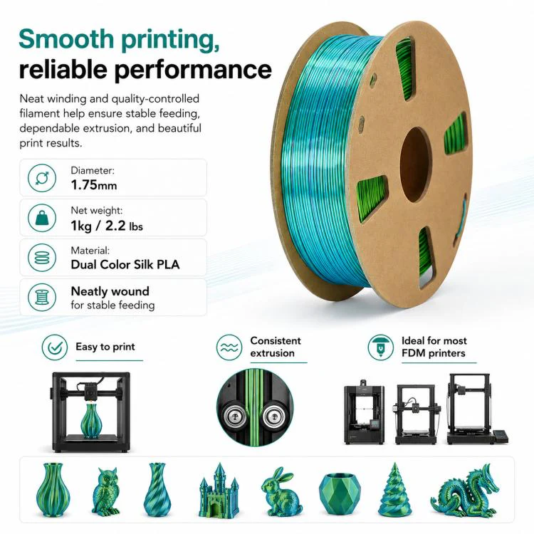 Dual Color Silk PLA Filament 1.75mm 1kg Spool Magic Color Shifting Shiny Metallic 3D Printing Material(Purple Red+Deep Green) - Image 4