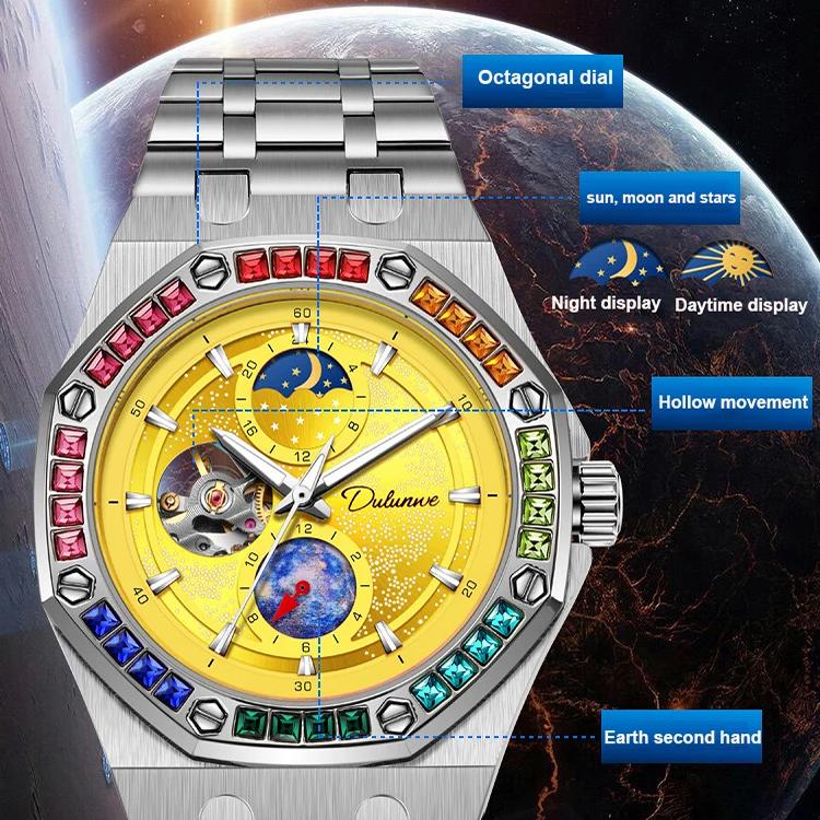 Dulunwe 6030F 30m Waterproof Luminous Mechanical Watch, Color: Steel Strap Orange - Image 3