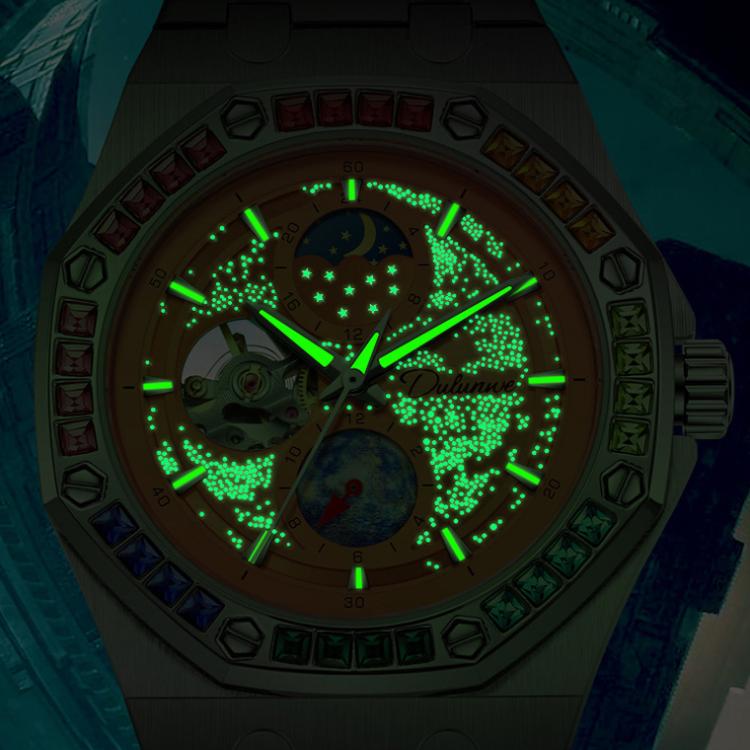 Dulunwe 6030F 30m Waterproof Luminous Mechanical Watch, Color: Steel Strap Yellow - Image 7