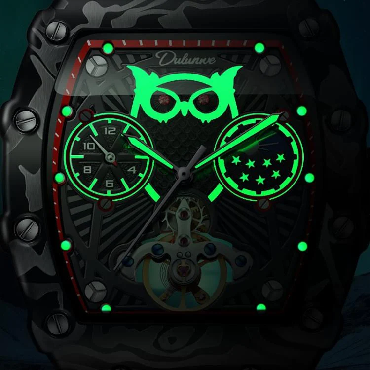 Dulunwe 6039C 30m Waterproof Barrel-shaped Hollow Luminous Automatic Mechanical Watch(Black Blue) - Image 4