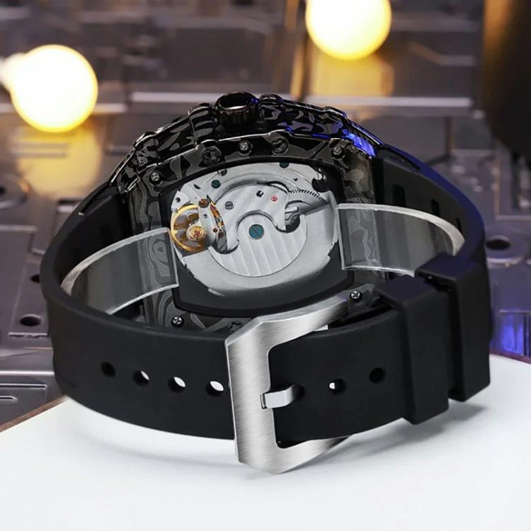 Dulunwe 6039C 30m Waterproof Barrel-shaped Hollow Luminous Automatic Mechanical Watch(Black Blue) - Image 7