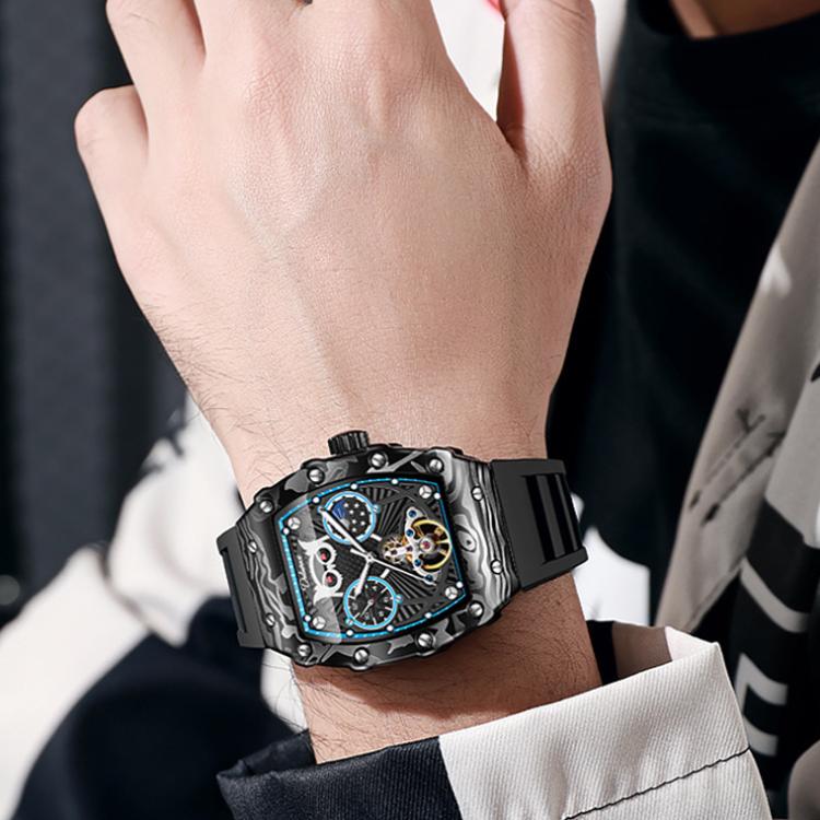 Dulunwe 6039C 30m Waterproof Barrel-shaped Hollow Luminous Automatic Mechanical Watch(Black Blue) - Image 8