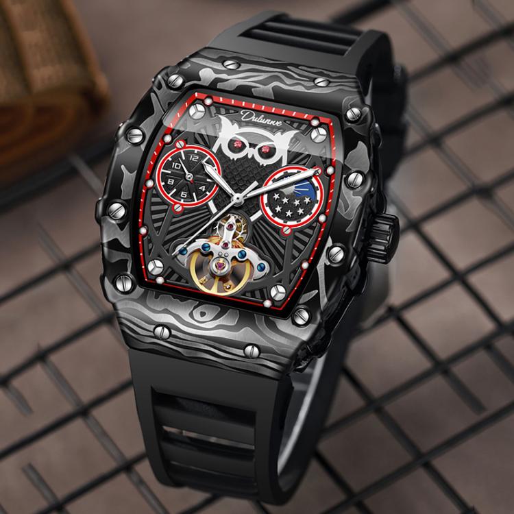 Dulunwe 6039C 30m Waterproof Barrel-shaped Hollow Luminous Automatic Mechanical Watch(Green Strap) - Image 6