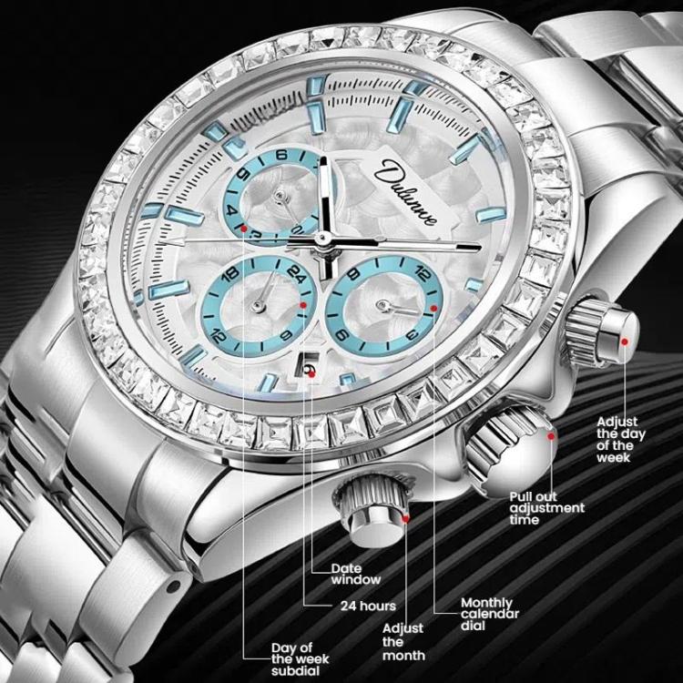 Dulunwe 6055B 30m Waterproof Luminous Automatic Mechanical Watch(Natural Steel Belt Blue White) - Image 3