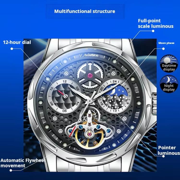 Dulunwe 6060C 30m Waterproof Luminous Automatic Mechanical Watch(Black Steel Strap Black) - Image 3