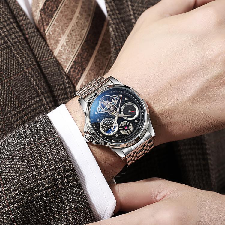 Dulunwe 6060C 30m Waterproof Luminous Automatic Mechanical Watch(Black Steel Strap Black) - Image 9