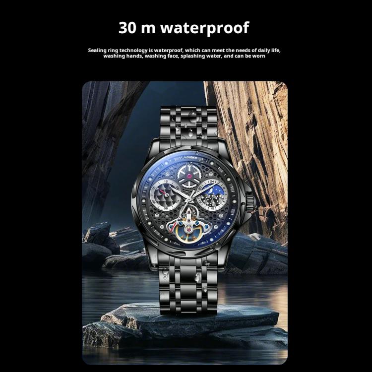 Dulunwe 6060C 30m Waterproof Luminous Automatic Mechanical Watch(White Steel Leather Strap Black) - Image 4