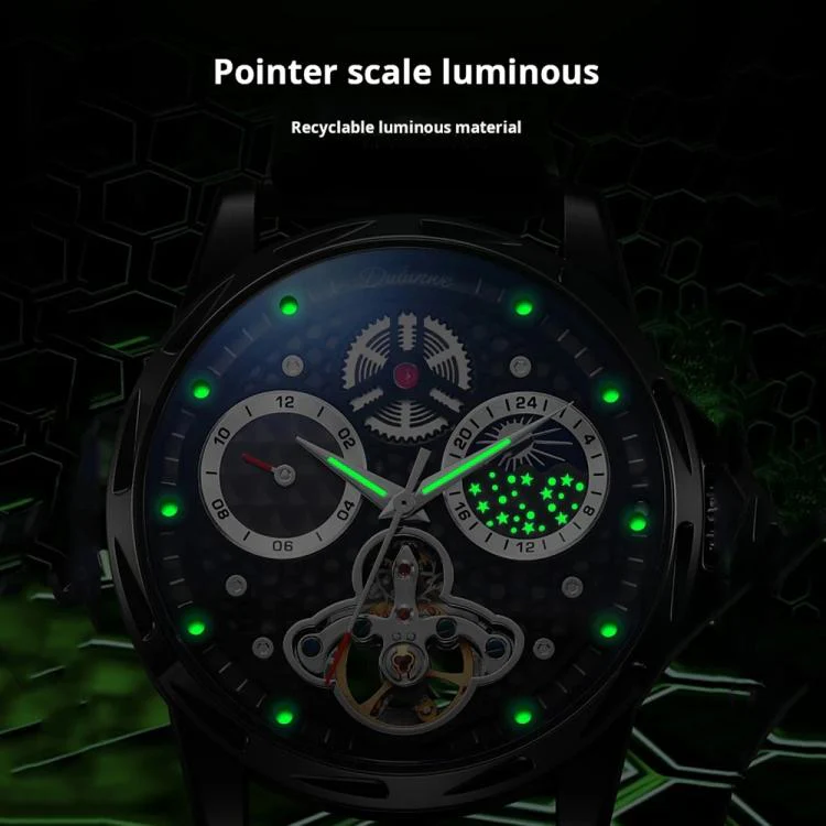 Dulunwe 6060C 30m Waterproof Luminous Automatic Mechanical Watch(White Steel Leather Strap Black) - Image 5