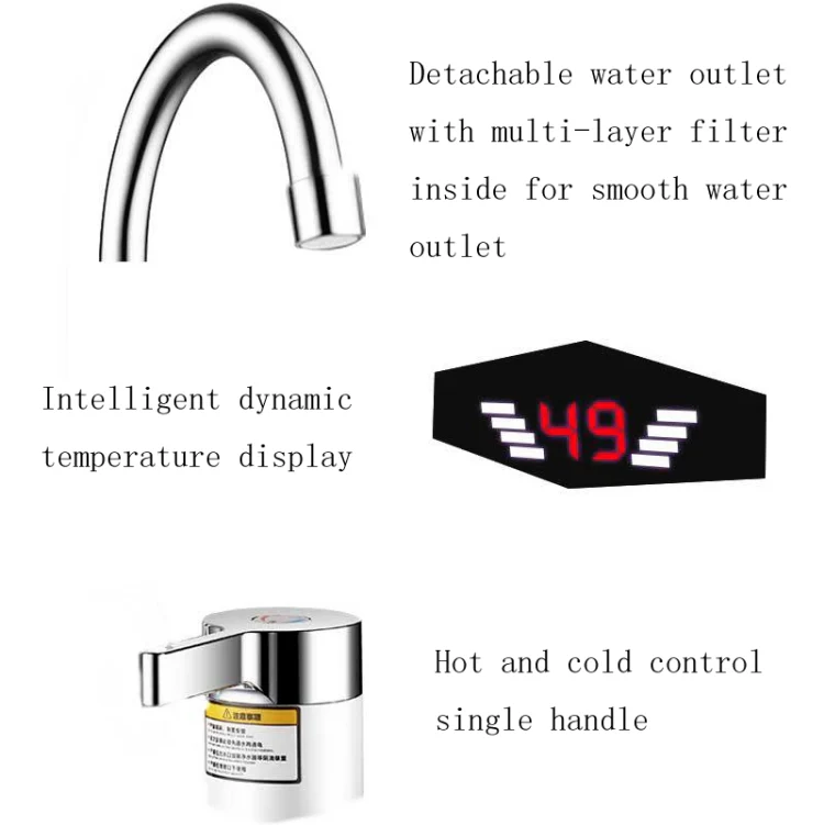 Dynamic Digital Display Instant Heating Electric Hot Water Faucet Kitchen&Domestic Hot&Cold Water Heater EU Plug, Style:Universal Tube - Image 8