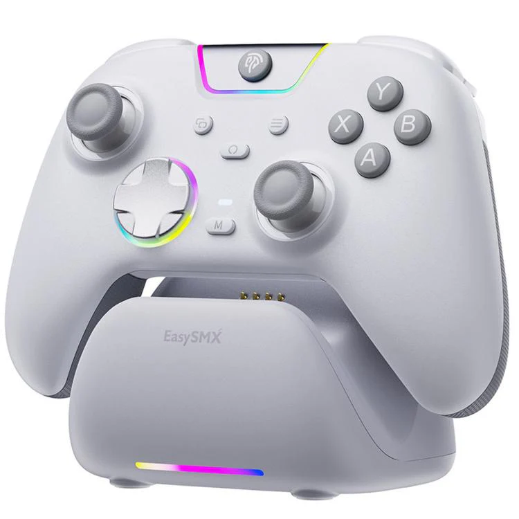 EasySMX X05Pro Wireless PC Gaming Controller Tri-Mode Hall Effect Gamepad with Dual-Stage Triggers & Silent Buttons for PC & Switch White With Charging Dock