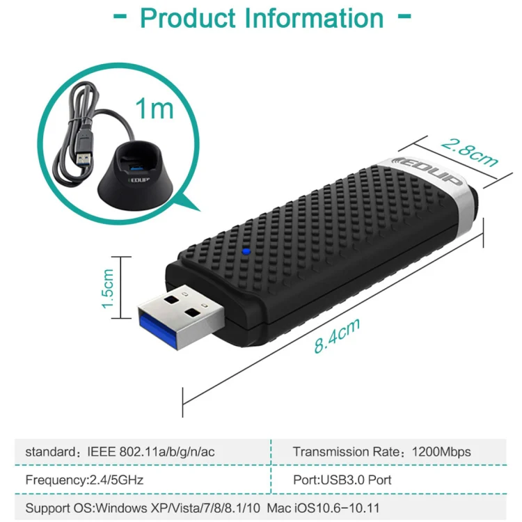 EDUP EP-AC1609 1200Mbps High Speed USB 3.0 WiFi Adapter Receiver Ethernet Adapter with 1m Extend Cable & Base - Image 8