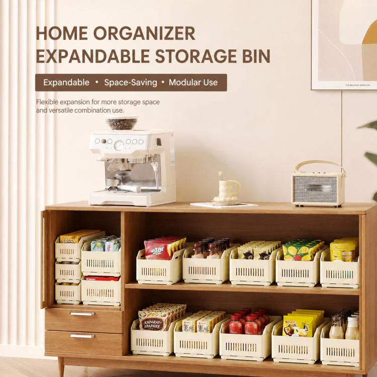 Expandable Drawer Organizer Bins Stackable Plastic Storage Baskets with Slider Lock 15 x 12 x 28cm - Image 3