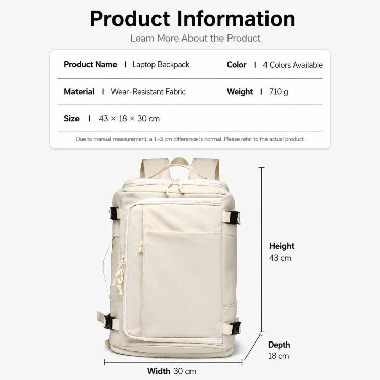 Expandable Travel Backpack Flight Approved 28-38L Carry On Backpack with Shoe Compartment 15.6-inch Laptop Pocket(White) - Image 11