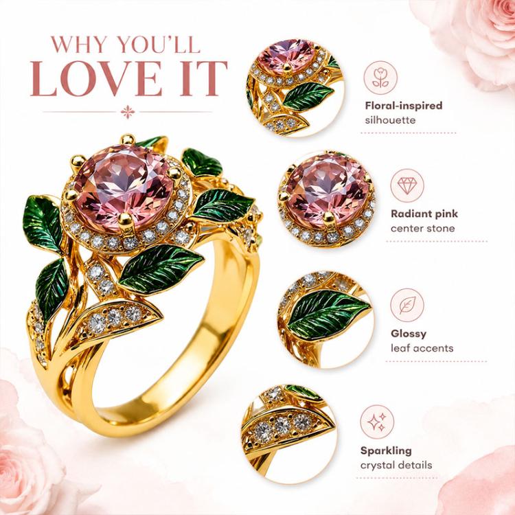 Exquisite Oil Drop Craft Flower Pink Gemstone Ring, Size:Number 8(Gold) - Image 10