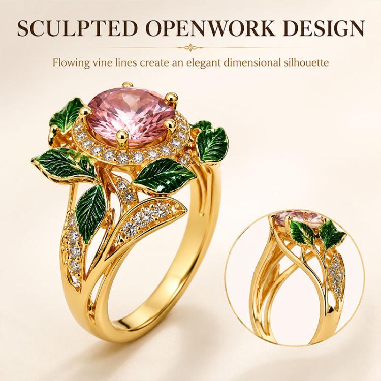 Exquisite Oil Drop Craft Flower Pink Gemstone Ring, Size:Number 8(Gold) - Image 6