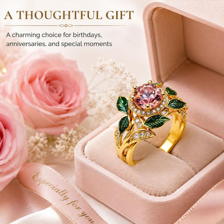 Exquisite Oil Drop Craft Flower Pink Gemstone Ring, Size:Number 8(Gold) - Image 8