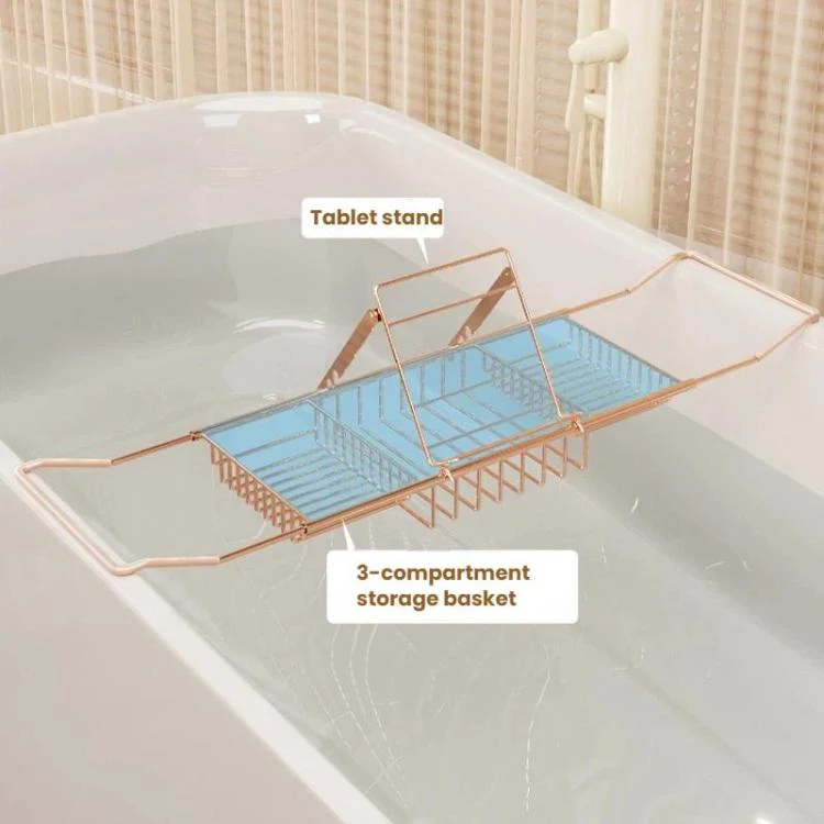 Extendable Bathtub Caddy Stainless Steel Bathtub Shelf Organizer Tablet Holder Standard  Rose Gold - Image 3