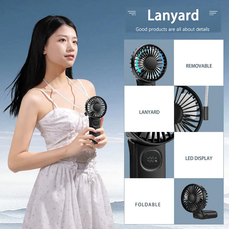 F11 Folding Handheld Fan with LED Display & Lanyard(Black) - Image 6
