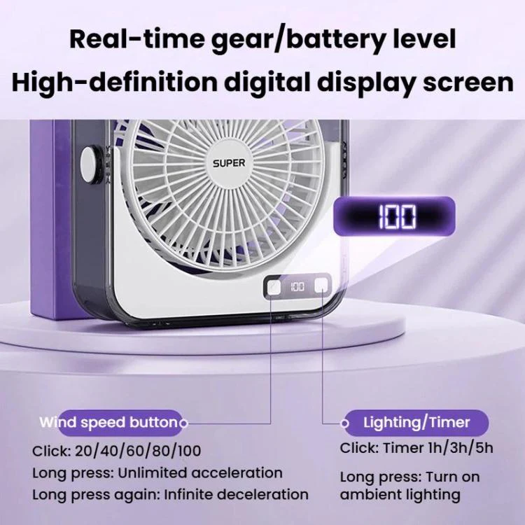F2 Desktop Quiet Fan With 100-Speed Stepless Speed Control Smart Digital Display Fan With Light(Purple) - Image 7
