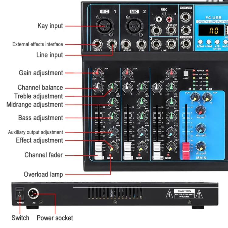 F4 Home 4-channel Bluetooth USB Reverb Mixer, EU Plug (Black) - Image 6