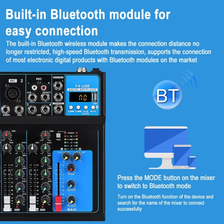 F4 Home 4-channel Bluetooth USB Reverb Mixer, US Plug (Black) - Image 3
