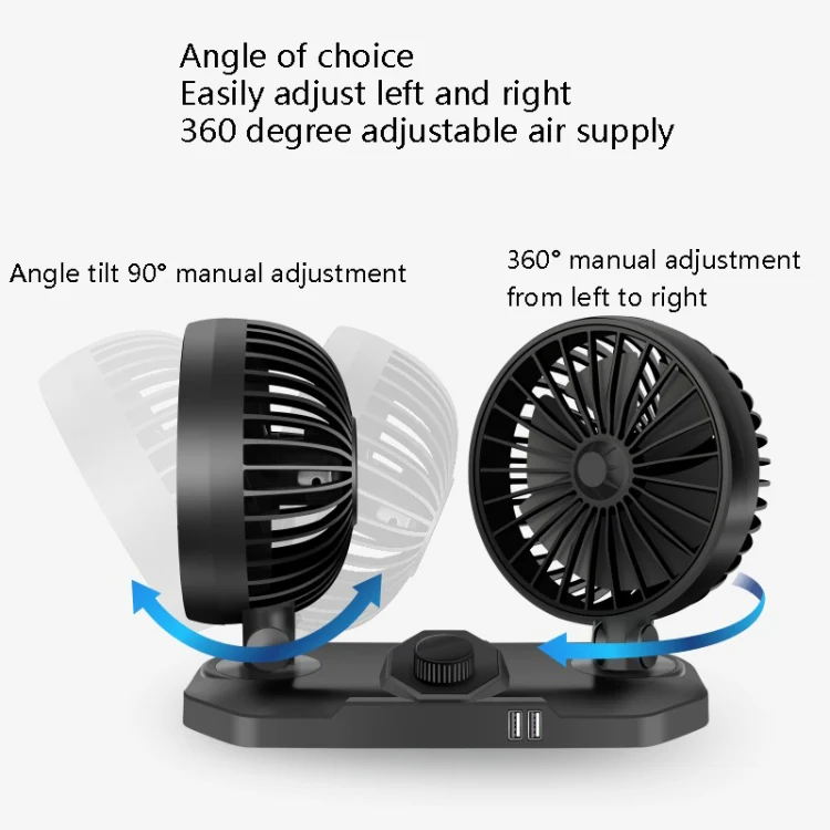 F558 With USB Mobile Phone Charging Car Fan 12/24V Car Truck Double Shaking Head Fan(Double Head 12V) - Image 3