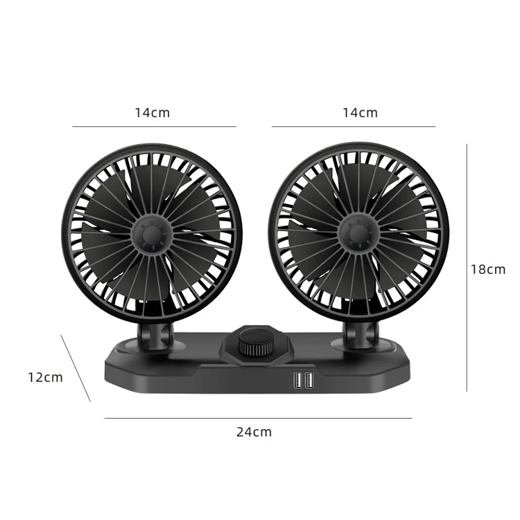 F558 With USB Mobile Phone Charging Car Fan 12/24V Car Truck Double Shaking Head Fan(Double Head 24V) - Image 2