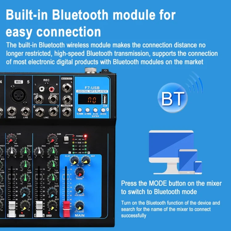 F7 Home 7-channel Bluetooth USB Reverb Mixer, US Plug(Black) - Image 3