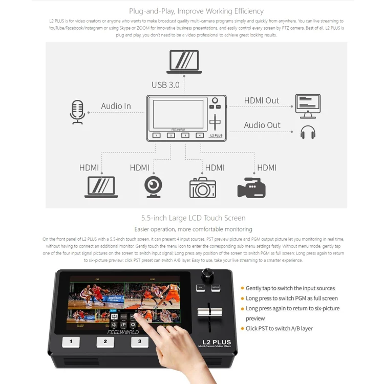 FEELWORLD L2 Plus Multi-camera Video Mixer Switcher with 5.5 inch Screen(US Plug) - Image 7