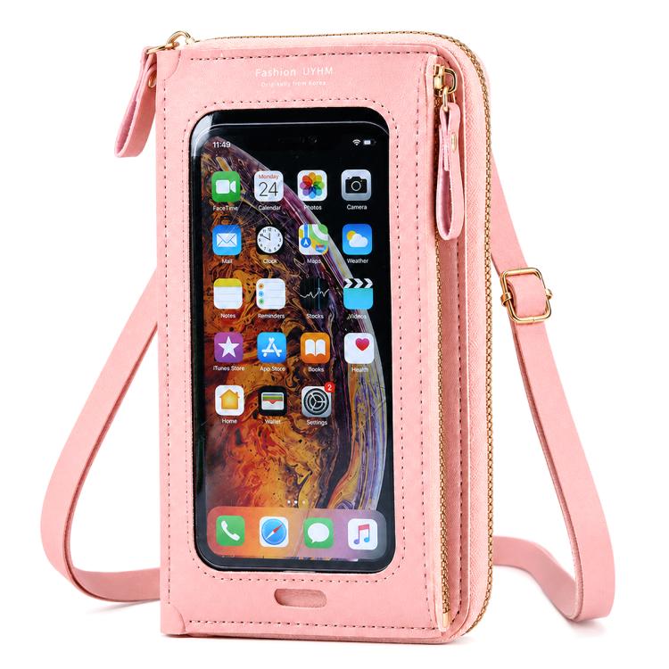 Female Touch Screen Phone Bag Multifunctional Crossbody Zipper Pouch(Pink)