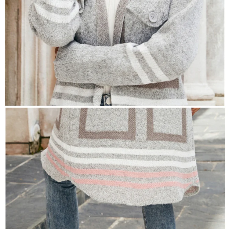 Female Windbreaker Jacket Striped Hooded Plaid Knit Cardigan, Size: L(Beige) - Image 4