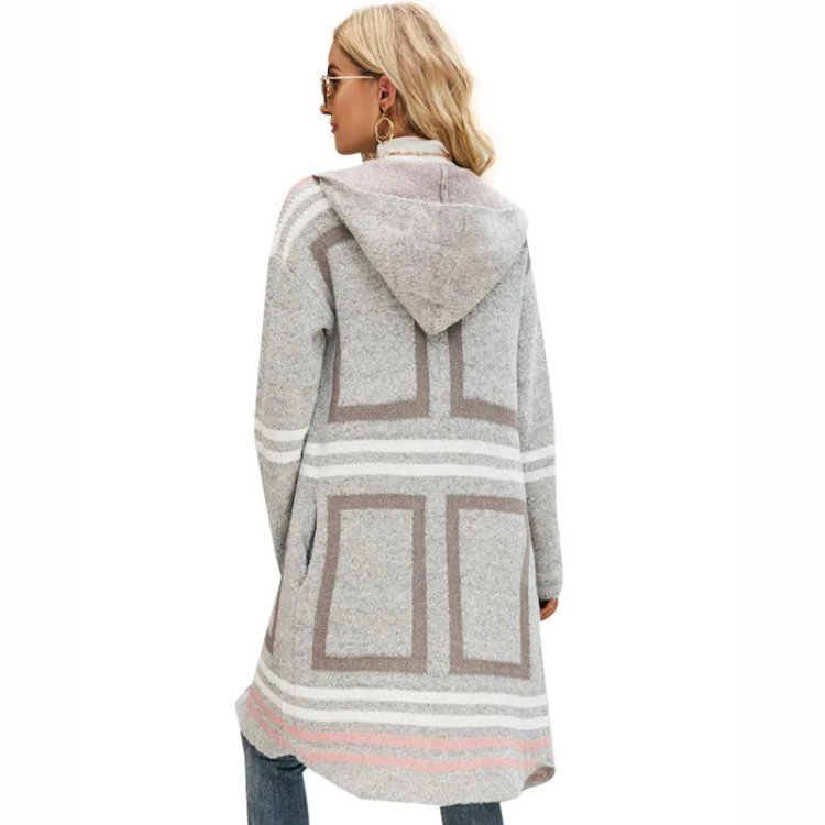 Female Windbreaker Jacket Striped Hooded Plaid Knit Cardigan, Size: M(Grey) - Image 2