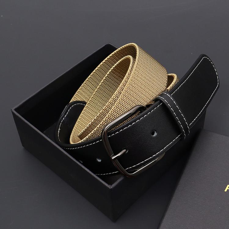 Flying Art 35mm Mens Womens Stretch Belt Leather Spliced Nylon Elastic Web Belts With Alloy Buckle, Length: 95cm(Khaki)
