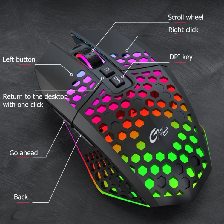 FMOUSE  X801 8 Keys 1600DPI Hollow Luminous Gaming  Office Mouse,Style: Black Wireless Rechargeable - Image 7