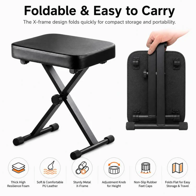 Foldable Portable Height-Adjustable Single X-Shaped Piano Stool - Image 3