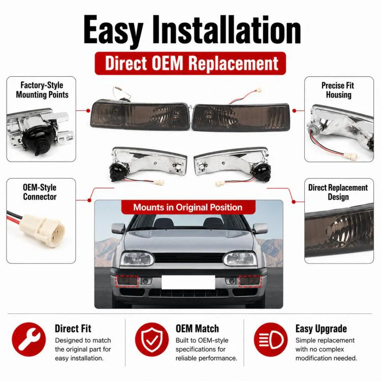 For 1992-1997 Volkswagen Golf / Jetta Front Bumper Crystal Fog Light Kit 1HM941777 / 1HM941778(White) - Image 4
