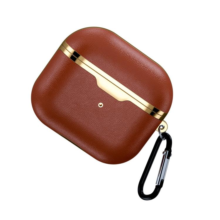 For Airpods 3 Electroplated Leather Shockproof Puleather Protective Case(Gilded Brown)