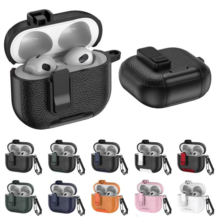 For AirPods 3 Leather Texture Wireless Earphones Case with Hook & Holder(Dark Blue) - Image 2