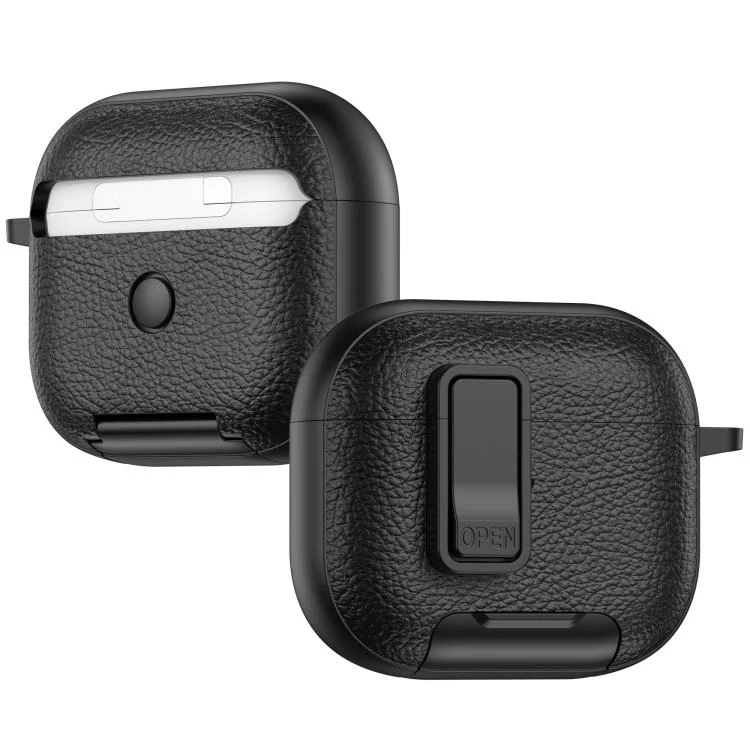 For AirPods 3 Leather Texture Wireless Earphones Case with Hook & Holder(Dark Blue) - Image 3