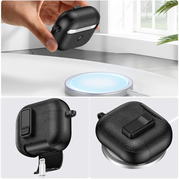 For AirPods 3 Leather Texture Wireless Earphones Case with Hook & Holder(Dark Blue) - Image 5